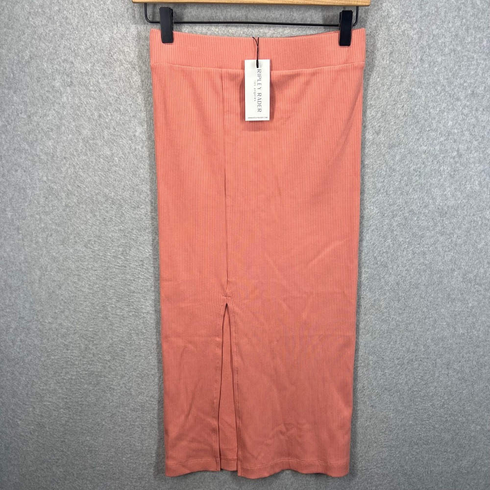 Ripley Rader Ribbed Midi Skirt‎ Women Size 2 Pink Front Slit Pencil Stretch NWT
